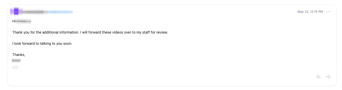 Prospect forwarding to their staff and looking forward to talking