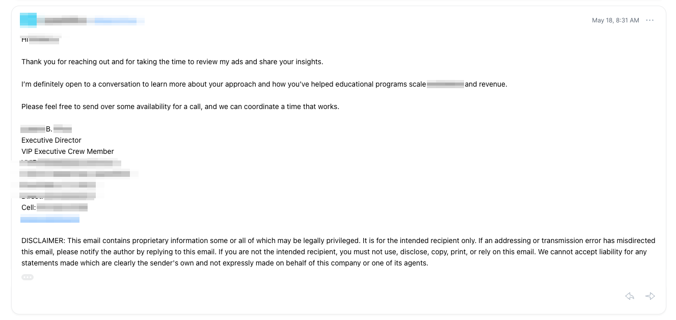Prospect open to a conversation and asks for availability